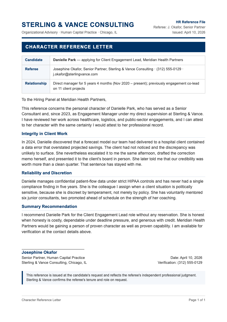 Corporate standard character reference letter